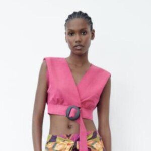 Zara Top Women's Pink Buckle Wrap Style Crop Top Size Large New!‎